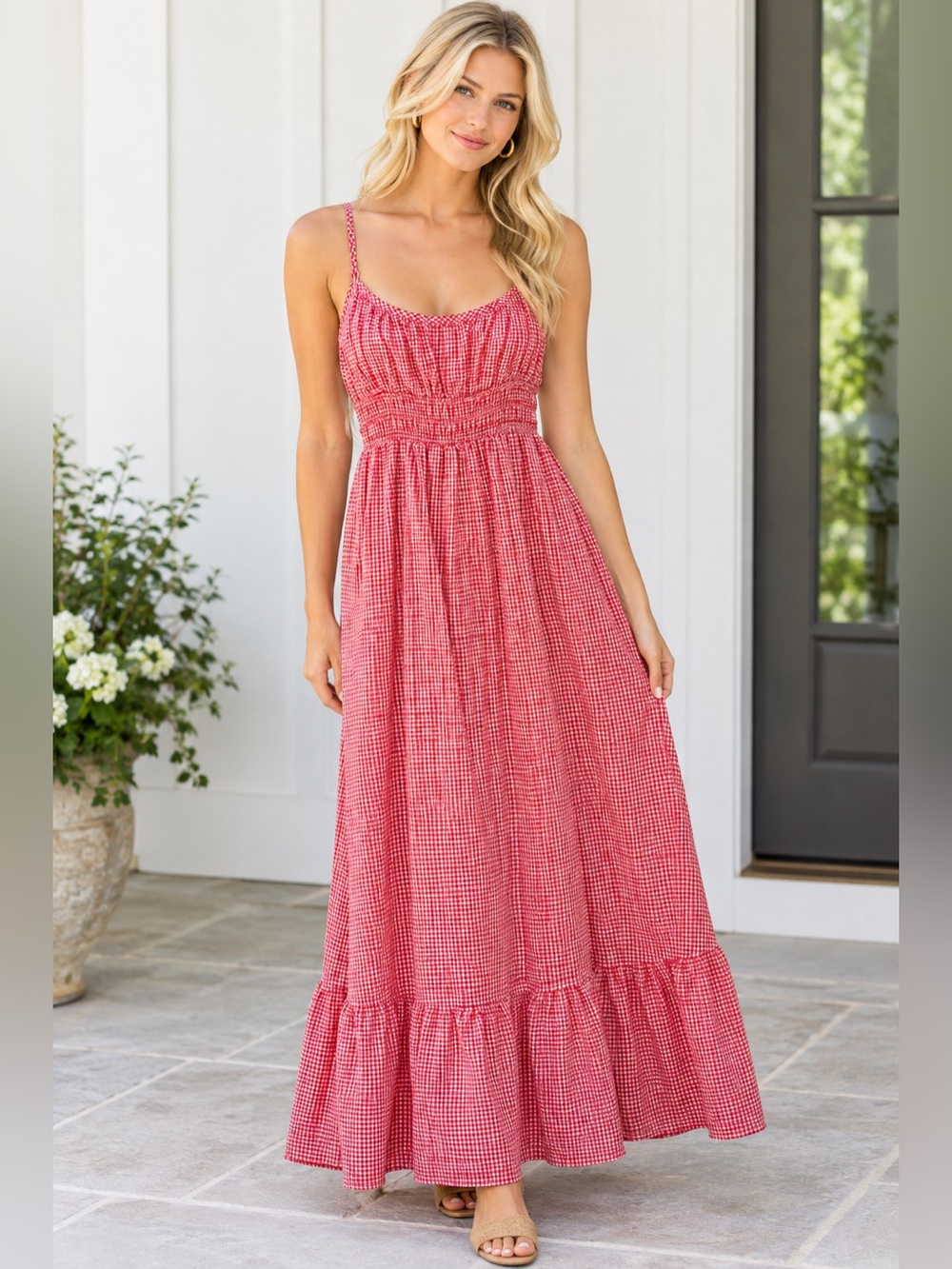 Max Studio Red Gingham Maxi Sundress Smocked Waist Size Large NWT